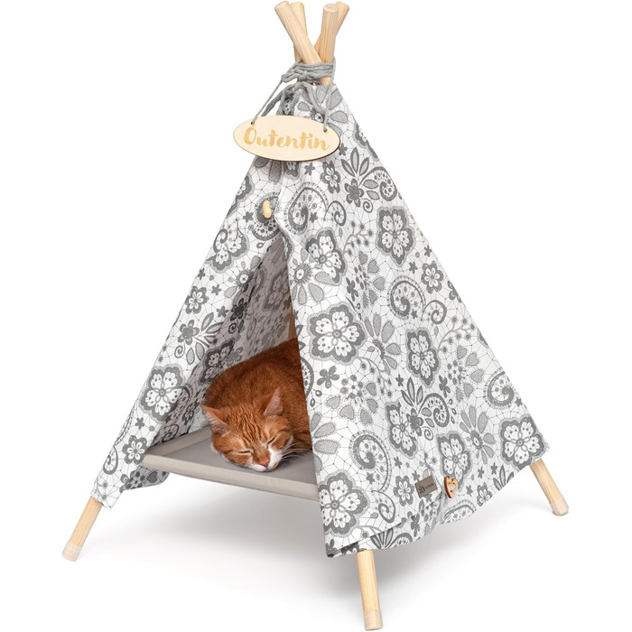 Кішка та собака: затишна хатинка-іглу в стилі тіпі - 53x53x70 см (квітковий принт)