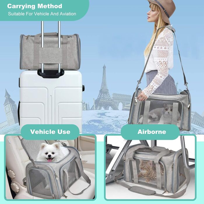 Транспортна сумка для кота/собаки PETCUTE, сіра, велика, з підкладкою та регульованим ременем