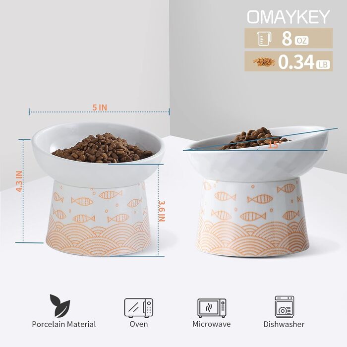 OMAYKEY Підняті миски для котів, набір 2 шт, порцеляна, 237 мл, чорний/помаранчевий, під кутом, для мікрохвильової печі та посудомийки