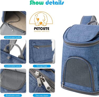 PETCUTE Рюкзак для собак, дихаючий, з м'яким матрацом, складний, з безпечною шлейкою, для подорожей, велосипеда, літака (Темно-синій 1)