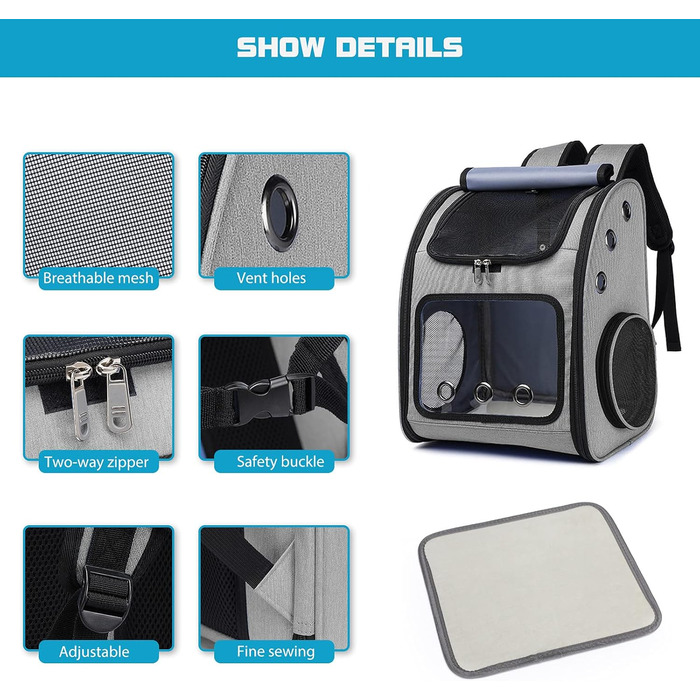 PETCUTE Рюкзак для собак і котів, дихаючий, знімний килимок, складаний, регульований, сірий