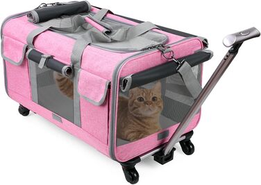 Транспортна сумка для котів PETCUTE з колесами, дихаюча переноска для 2 котів, складана переноска для собак з телескопічною ручкою, знімний килимок, ідеальна для подорожей (Рожева)