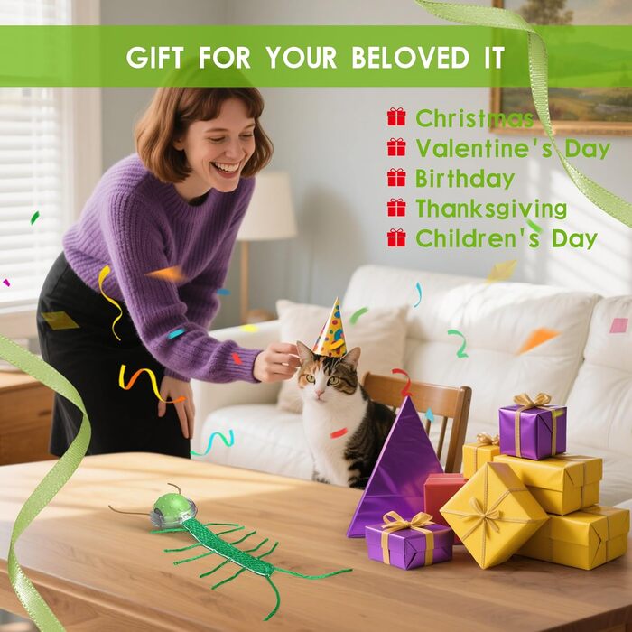 Інтерактивна іграшка для котів FLERDMAU - автоматичний м'ячик з імітацією звуків птахів, USB-зарядка, для дому (зелений)