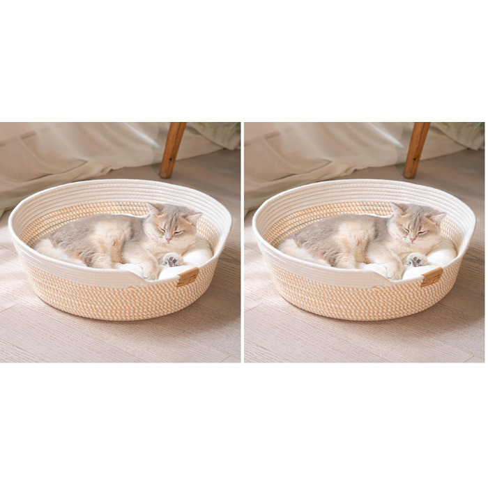 Кошик для котів CheerPals з подушкою 47 см, плетений з бавовняних мотузок, миється, для сну, універсальний, білий (набір 2 шт)