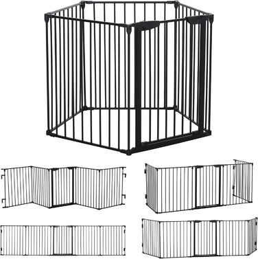 PawHut Забіг для цуценят 2 в 1, 5-секційний, розкладний, з дверцятами. Металевий забіг для собак, 300 x 74,5 см, чорний. DIY забіг для цуценят, захист від каміну та плити для малих та середніх собак
