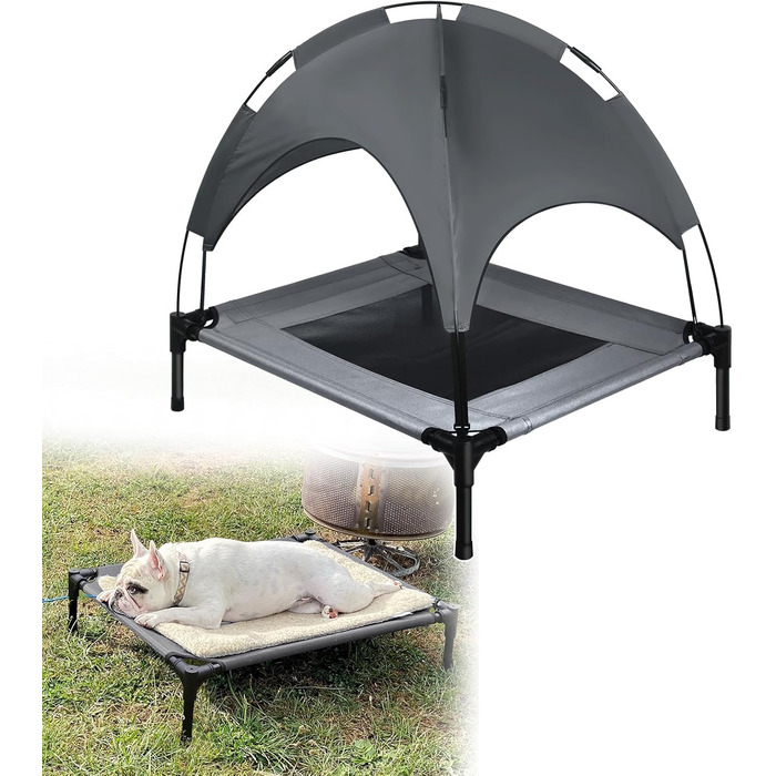 Підвищене ліжко для собак UISEBER 92x76x92 см, Outdoor з дахом, для великих собак до 50 кг, водонепроникне, сіре + чорне