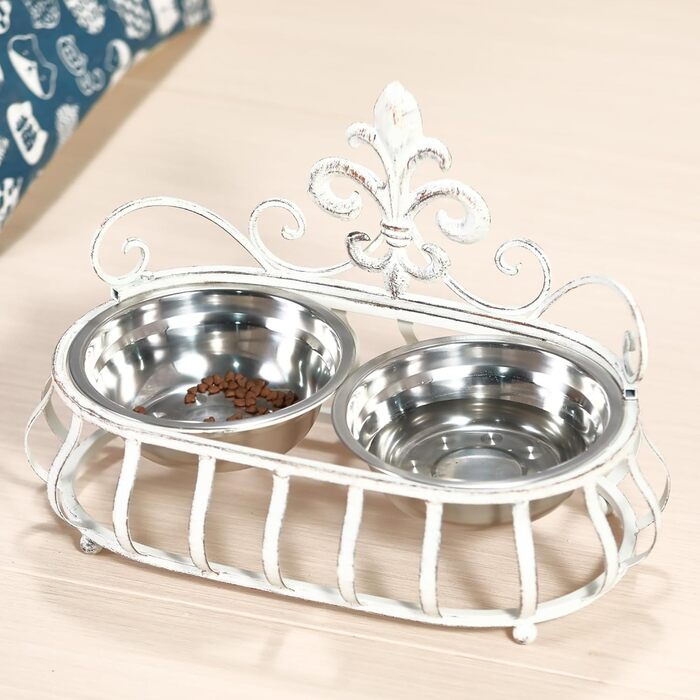 Підвищені годівниці для собак та котів, подвійні миски з нержавіючої сталі, годівниця для домашніх тварин з металевим стійкою Fleur de Lis (антична білизна), біла еліпс