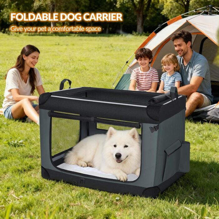 Транспортна переноска для собак Fobyfurny, сіра, 60x42x42 см, з кишеньками та світловідбиваючими смугами, знімний килимок, 60 л