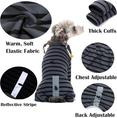 Зимовий теплий одяг для собак: теплий пуловер з бавовни, смугастий, регульований, світловідбиваючий, для малих та середніх собак, сірий, розмір M