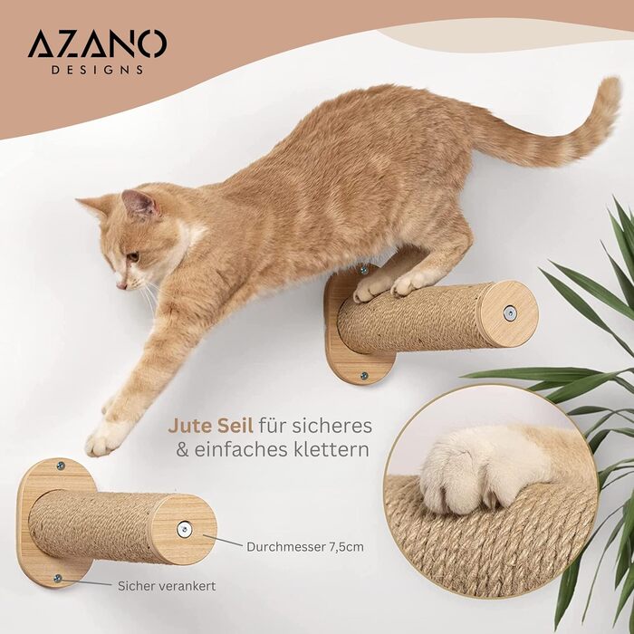 AZANO® Котяча стінка для лазіння XL з драбинкою, підвісна лежанка та ліжко для котів з натурального дерева, 3-в-1, міцна конструкція