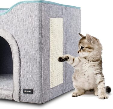 MIU PET Великий складаний 2-в-1 будинок для котів для дому, оновлений котячий будинок і лежак, 2 двосторонні подушки та літній матрац, для всіх сезонів, укриття для котів із кігтеточкою