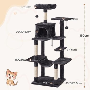 Кігтеточка для котів MSmask велика, 150 см, сіра, з 2 платформами, 2 будиночками, гамаком та сизалевими стовпчиками