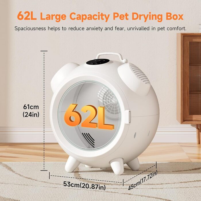 Сушарка для тварин 62L з УФ стерилізацією, автоматична бокс-сушарка для собак та котів, низький шум, таймер та контроль температури