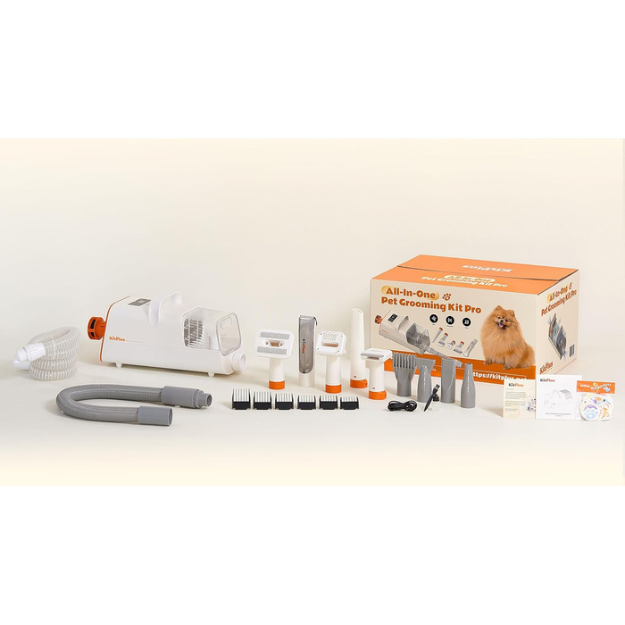 Набір для грумінгу собак Kitplus: машинка для стрижки, пилосос для шерсті, 8 інструментів, чорний & білий.