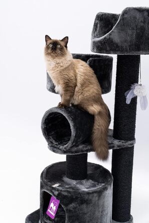 Дряпка для котів Petrebels Victoria 125 см, преміум, чорна, з лежанкою, ігровою трубою, будиночком і товстими стовпами Ø12 см