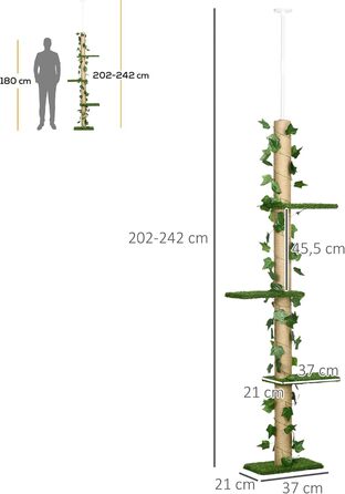 Кігтеточка PawHut для котів, регульована висота 202-242 см, з кріпленням, ігровий комплекс з джуту, зелено-жовтий