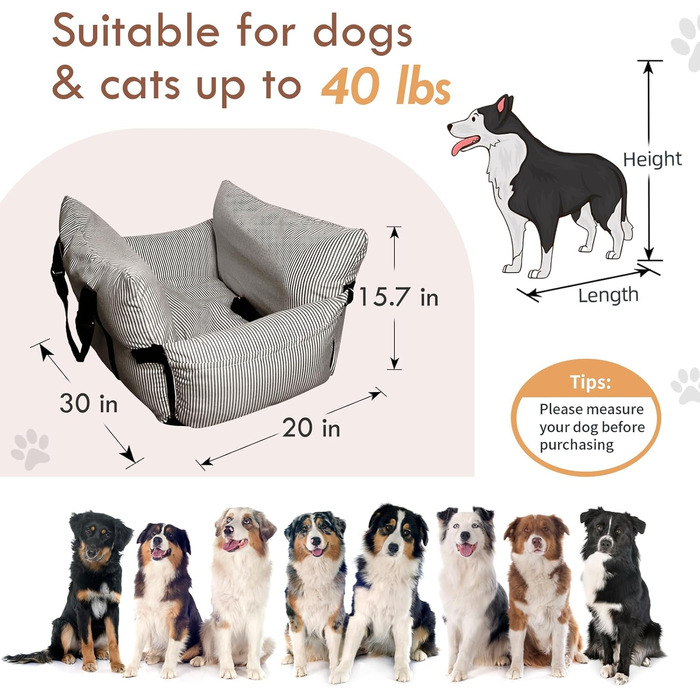 Автокрісло для собак - автокрісло-бустер для маленьких та середніх собак до 18 кг з ременем безпеки та кишенями для зберігання, антиковзаюча підставка (смугастий морський колір) (коричневий, 76.2 x 52 см)