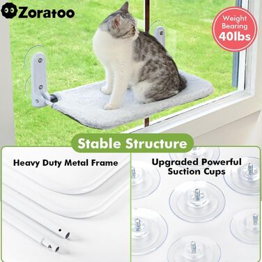 Котяча лежанка на вікно Zoratoo, складана, бездротова, з металевим каркасом, двостороннім чохлом і потужними присосками, для домашніх котів, сірий колір, 2 шт.