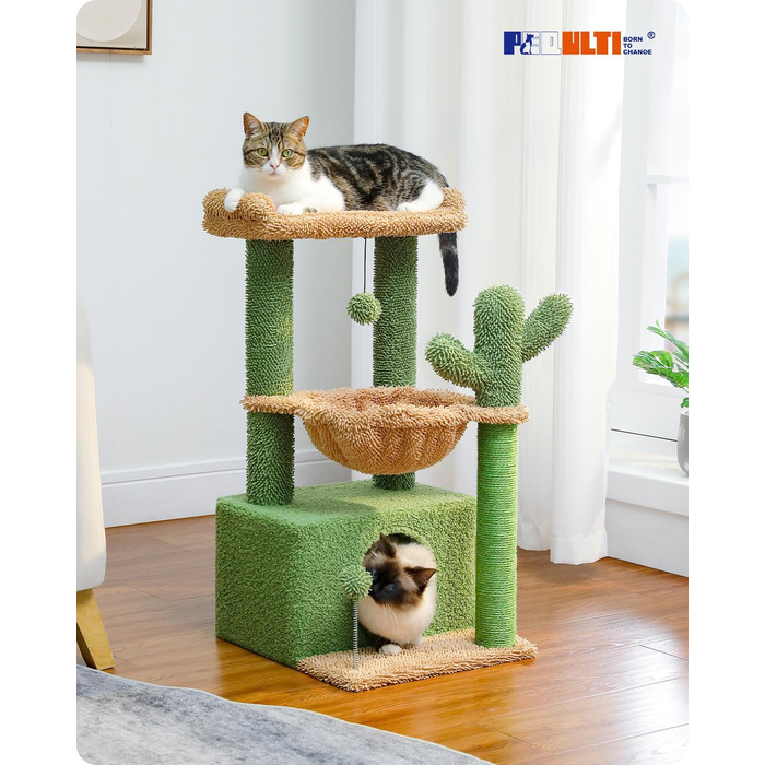 Котячий комплекс PEQULTI 4-в-1, кактус 83 см – котячий будинок з великою печерою, глибоким гамаком та зручною полицею, зелений