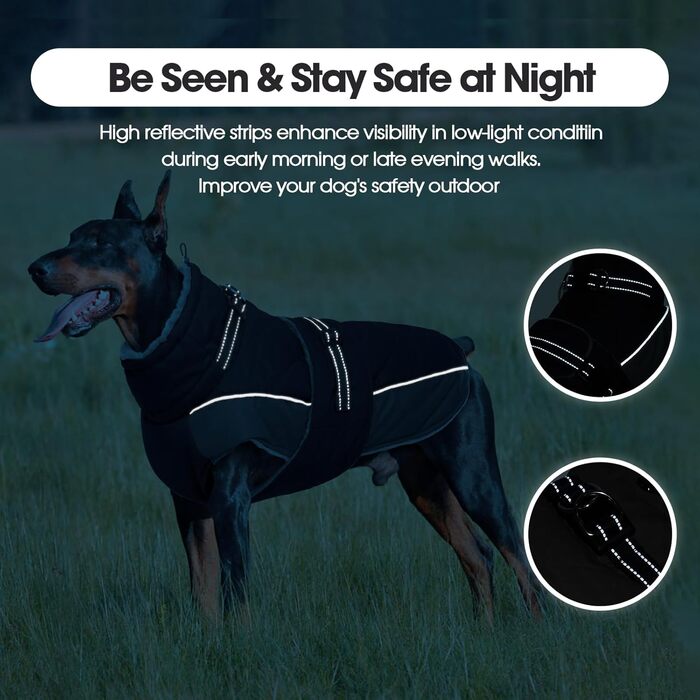 Водонепроникний зимовий теплий накидка для собак QBLEEV, чорний, середній розмір, фліс, регульований, з відбиваючими елементами