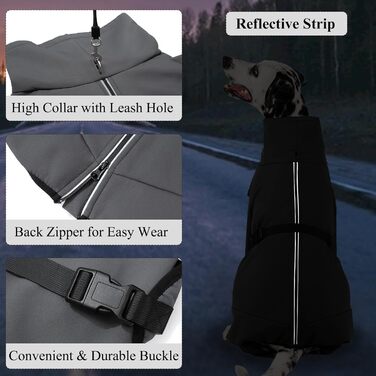 Водонепроникний теплий зимовий одяг для собак Cyponpy: куртка з блискавкою, флісова підкладка, для собак XL (довжина спини 43-47 см), сірого кольору