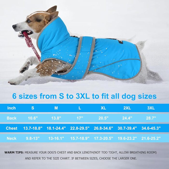 Зимовий теплий одяг для собак Dogchee: куртка з флісовим коміром, тепла підкладка, для маленьких, середніх та великих собак, XXL (обхват грудей 78-100 см, довжина спини 61 см), блакитний