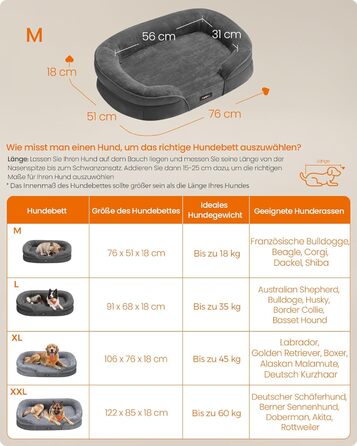 Feandrea лежанка для собак, ортопедична, 76 x 51 x 18 см, сірий колір, для середніх собак, знімний, водонепроникний чохол, протиковзна