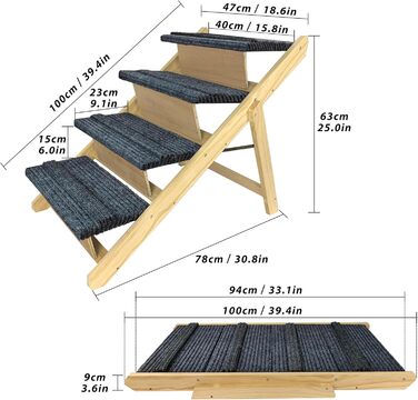 Сходинки для собак 2-в-1 зі справжнього дерева (сосна) – складані, протиковзні, для виходу на вулицю, до 80 кг, 100×46×9 см