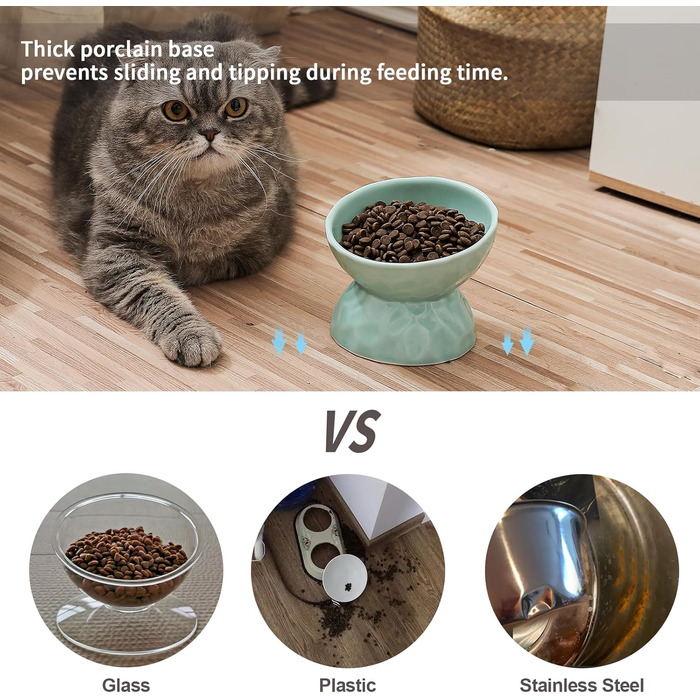 Набір мисок для котів OMAYKEY з кераміки, підняті, нахилені, для корму та води, порцеляна, без стресу, для котів та маленьких собак, придатні для миття в посудомийній машині та мікрохвильовій печі, зелені, 2 шт.