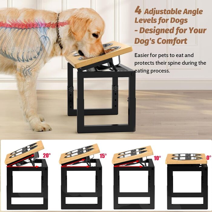 Підвищена годівниця для собак середніх та великих порід, чорна. 2 миски з нержавіючої сталі, регульована висота