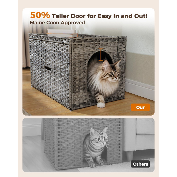 MUTTROS туалет для котів з ротанга, прихований туалет для котів, меблі з ручної плетіння, з високою дверцятами та піднятим бортиком, котячий будиночок-шафка для великих котів, для дому, вітальні, сірий