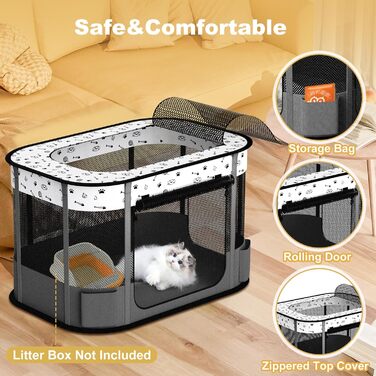 Портативний вольєр для котів DESELL, сірий, 8-разово посилений, розкладний, для кошенят, собак, indoor та outdoor