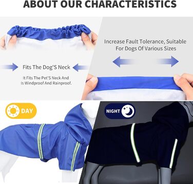 Дощовик для собак PETCUTE з капюшоном, непромокальний, з світловідбиваючими смугами, з отвором для страхувального ременя, для малих, середніх та великих собак (4XL, Темно-синій)