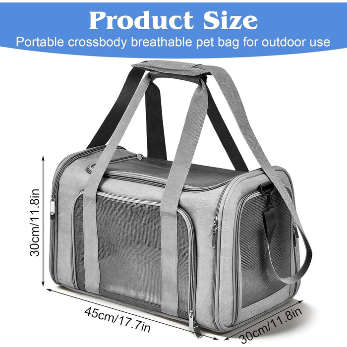 Транспортна сумка для кота та собаки, сіра, 45x30x30 см (до 8 кг)