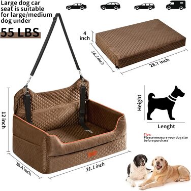 Автокрісло для собак великих та середніх порід – підвищення для собак з Memory Foam, до 25 кг або 2 маленькі собаки, знімний та пральний лежак з товстим матрацом та кишенями для зберігання, Рожевий (Large, Коричневий)