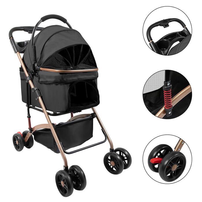Дитяча коляска для тварин Homewell, чорна, складна, знімний кошик, сітка-вікно, ремені на плече, тримач для напоїв, до 20 кг