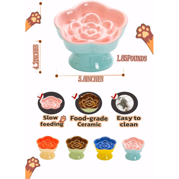 Миска для повільного годування домашніх тварин, керамічна, нахилена, для котів та маленьких собак, рожева