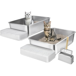 VEVOR XL котячий туалет з нержавіючої сталі, 2 шт, 60×40×15 см, з совком, широким фільтром і високим бортом, без запаху, для великих котів