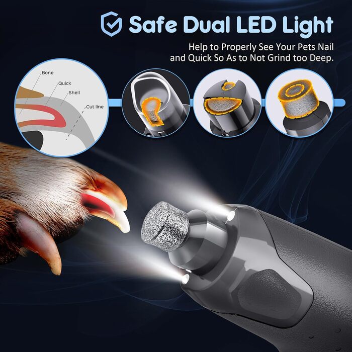 Електричний точило для собачих нігтів Gimars, 6 швидкостей, з LED-підсвічуванням, USB-зарядка (сірий)