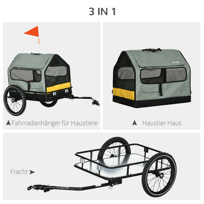 PawHut Dog Trailer 3-в-1 Pet House & Cargo Trailer, Велосипедний причіп для собак зі світловідбивачами для маленьких собак до 10 кг, Oxford Grey