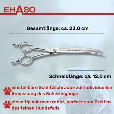 Професійна вигнута ножиця для собак EHASO | 23 см | Висока якість, Solingen | Довговічна