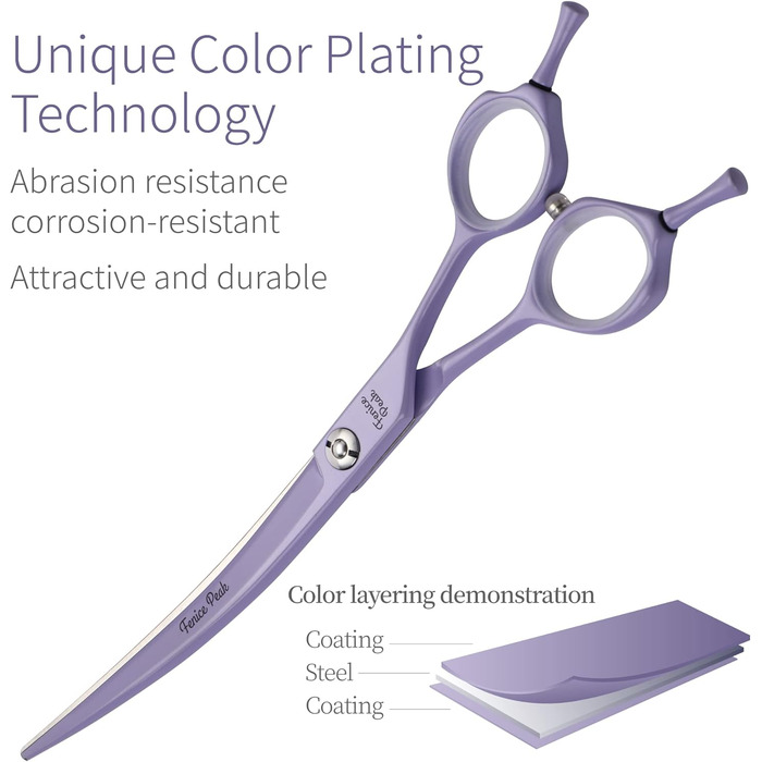 Феніче Пік: Вигнуті ножиці для грумінгу собак з фіолетовим покриттям, 440C сталь, професійні ножиці, гострі та довговічні, зручний ергономічний дизайн