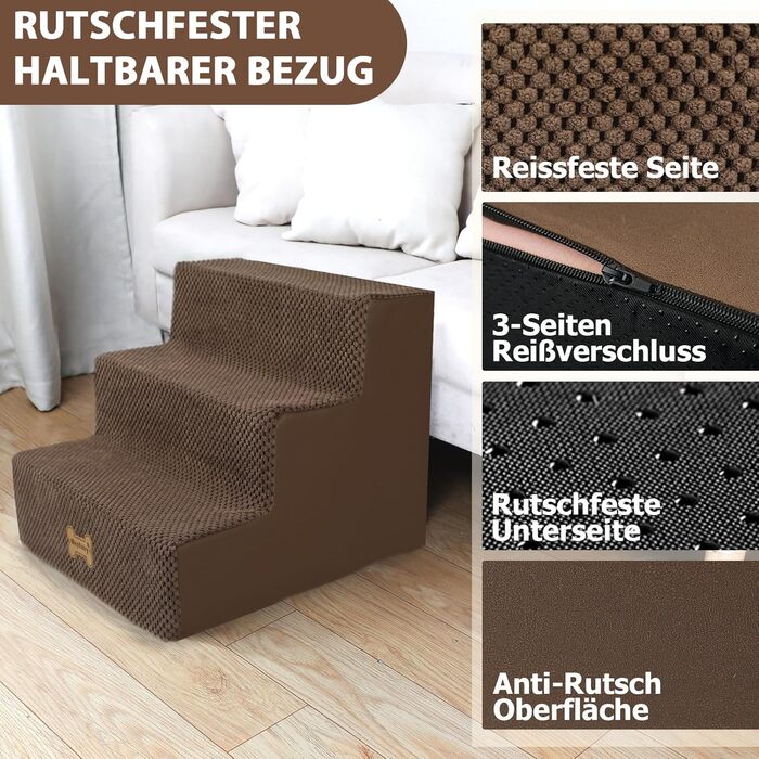 Сходинки для собак Непфайві: 3 сходинки, для маленьких собак, знімний чохол, антиковзаюча поверхня, 45x40x34 см, коричневий