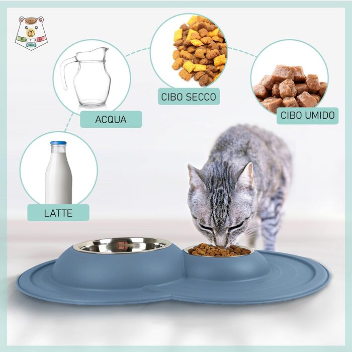 Миска для котів Patam Doppel з нержавіючої сталі з антиковзною підкладкою, анти-перекидна, виробництво Італія, Jerry Grün (Tom Blau)