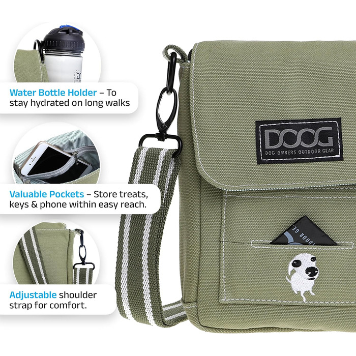 Сумка для прогулянок з собакою DOOG – регульована сумка для ласощів з відділенням для пакетів для вигулу та пляшкою води – зручна для щоденного використання (зелена)
