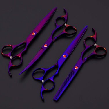 Набір ножиць для догляду за собаками, 7 дюймів, професійний триммер для тварин, леза з нержавіючої сталі, вигнуті ножиці, ножиці для розрідження, гребінець для грумінгу собак та котів, 5 шт. (фіолетовий)