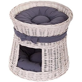 Кругла котяча хатинка e-wicker24 з плетеної лози, двоярусна, з подушкою та бантиком, котячий тур (кремово-сірий)
