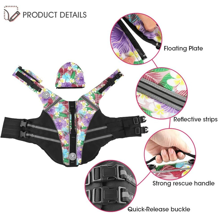 Жилет для собак Французький бульдог з світловідбиваючими смугами, плаваючий жилет для собак, для купання та катання на човні (обхват грудей: 43.2 - 76.2 см, вага: 7.7 - 12.7 кг) M (Обхват грудей: 43-76 см) фіолетовий (квітковий принт)