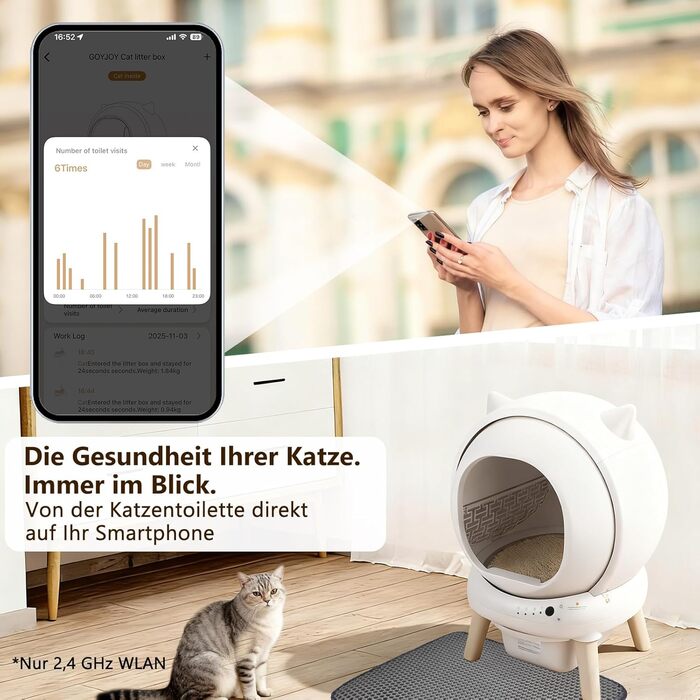 Автоматичний лоток для котів Katzenklo Selbstreinigend 73L з додатком, датчиками безпеки, захистом від запаху та моніторингом здоров'я. Підходить для кількох котів. Коврик для котячого туалету в комплекті. Колір: сірий.