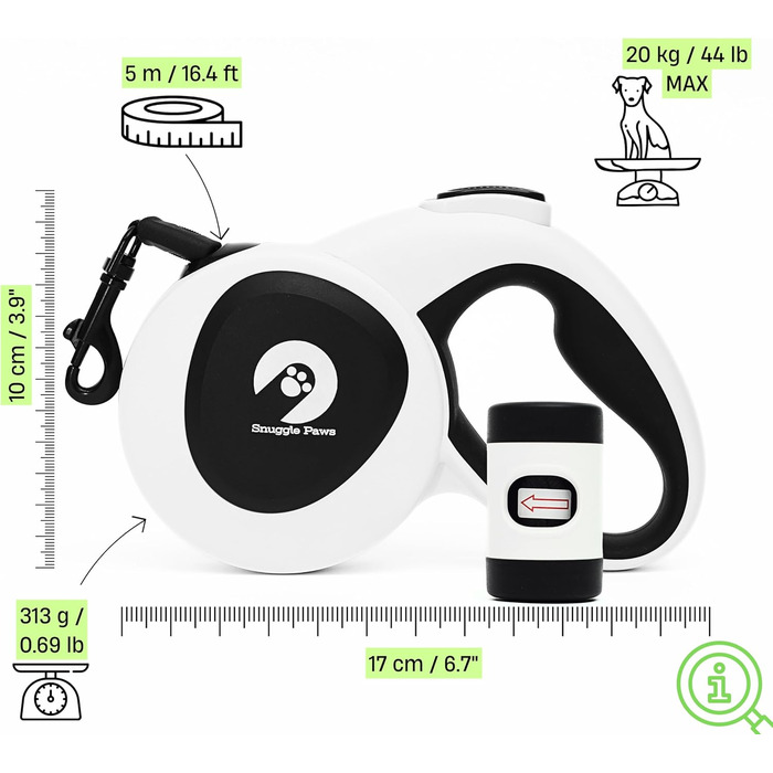 Рулетка-повідок для собак Snuggle Paws 5м з LED-ліхтарем, котушкою для пакетів, антивандальним сталевим тросом та відбивною нейлоновою стрічкою, для малих собак до 20 кг